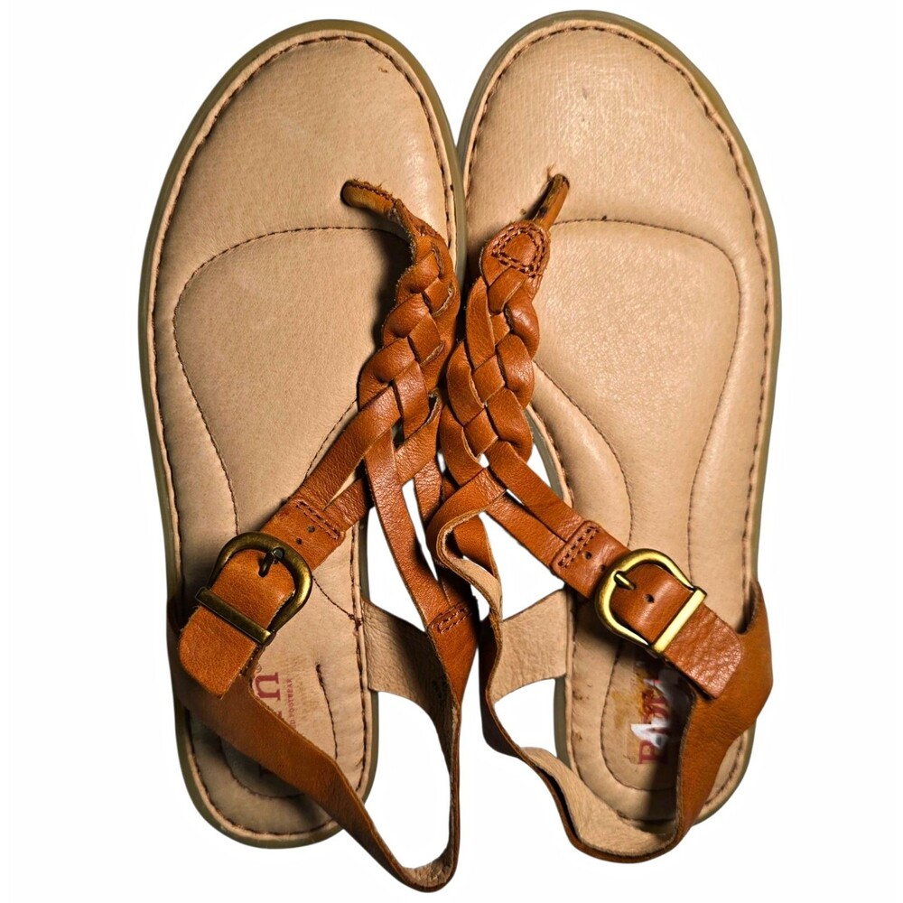 Born Womens 7 Brown Leather Braided Thong Ankle Strap Sandals Flat
